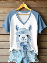 Frauen niedliches Alpaka-Muster Patchwork-Kunst V-Ausschnitt T-Shirt